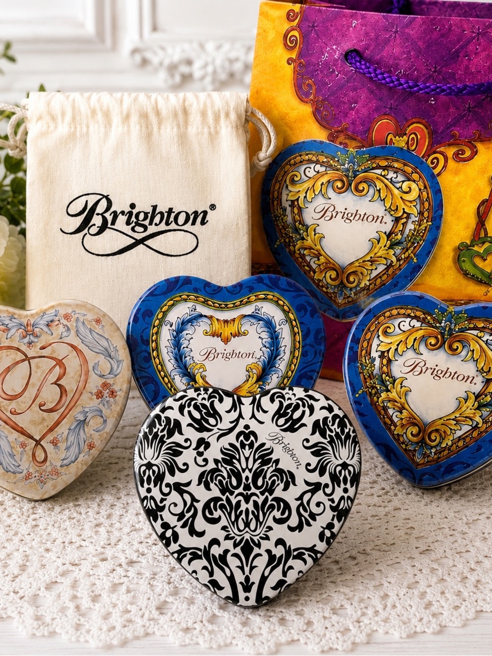 Brighton Heart Tin Lot 4 Collectible Jewelry Gift Boxes Dust Bag & Gift Bag
